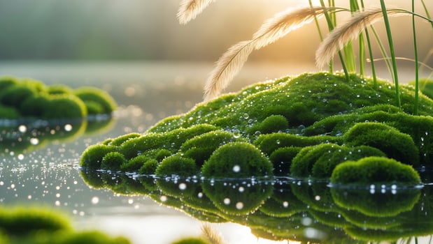 Mossy Landscape with Dew and Grass Reflecting in Water Scenery photo