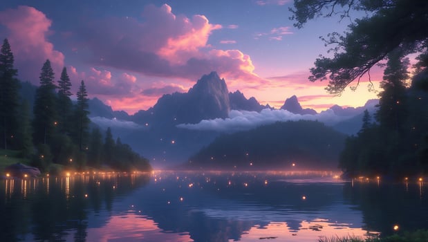Still Lake Reflecting Mountain Peaks and a Dramatic Cloudy Sky at Dusk photo