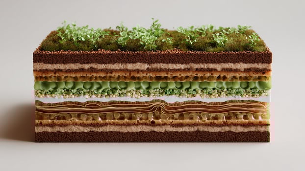 This Innovative biocement bricks showcase a layered structure with growing grass and moss on top. photo