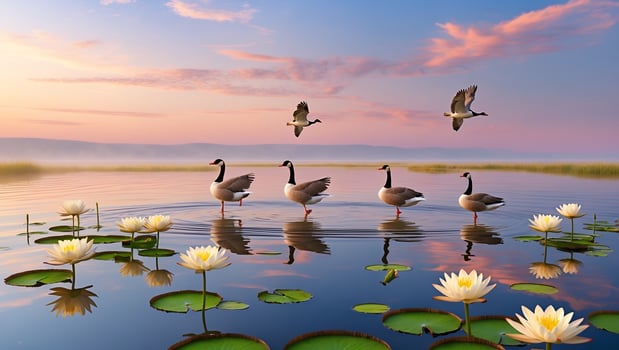 Geese Standing and Flying Above Water Lilies Reflecting a Pink Sky photo