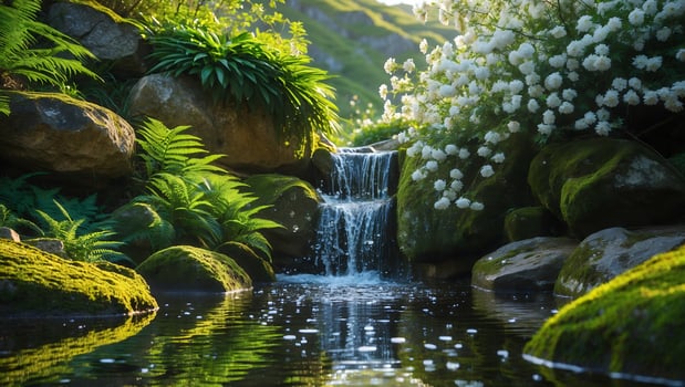 Cascading Waterfall Flowing Through a Lush Green Garden Landscape photo