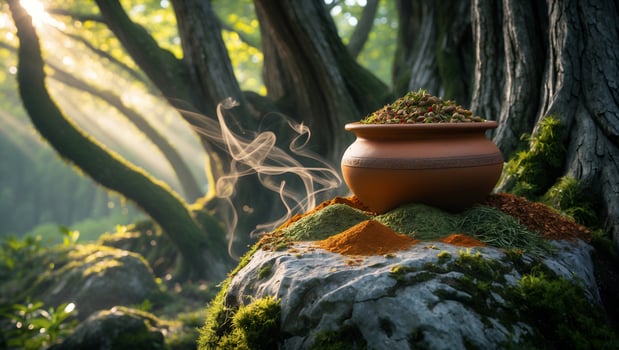 Pot with Herbs on Mossy Rock with Smoke in Forest Setting photo
