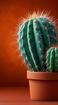 A small cactus in a pot on a red surface photo