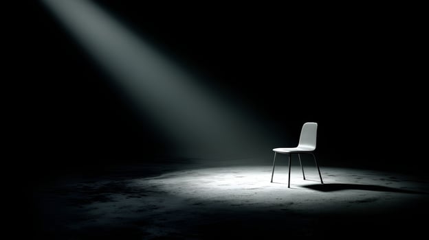 Single white chair illuminated by spotlight in dark room photo