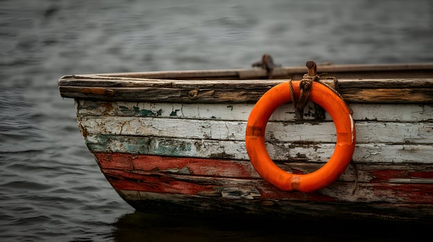 Old wooden boat with orange lifebuoy floating on water photo