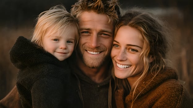 Happy family smiling together outdoors in warm sunlight photo