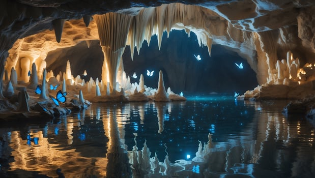 Cave Lake with Stalactites and Blue Butterflies Mystical Reflection photo
