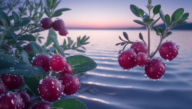 Red Berries Dew Drops Reflecting Sunset Over Calm Water photo