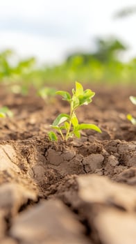 Vibrant Green Seedling Emerges from Rich Earth, Symbolizing New Life and Sustainable Growth in a Fertile Agricultural Field. photo