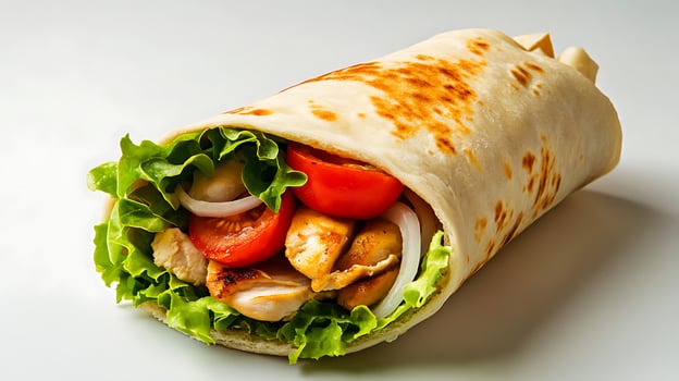 Delicious chicken wrap with fresh vegetables on white surface perfect meal photo