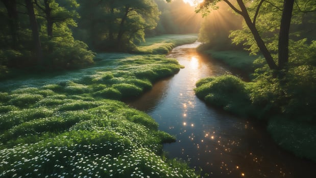 Flowing River Through Forest with Sunlight and Wildflower Meadow photo