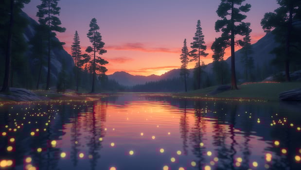 Still Lake Reflecting Sunset Sky with Forest and Glowing Lights photo