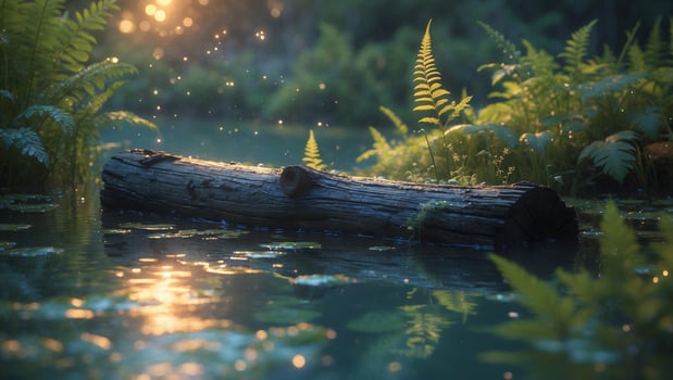 Fallen Tree Log in Calm Water with Ferns and Warm Light photo