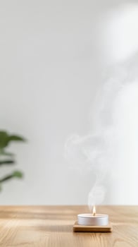 A single lit tea light candle emits gentle smoke on a warm wooden table, creating a serene and tranquil ambiance for relaxation and mindfulness. photo