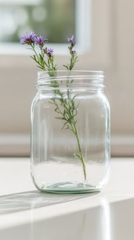Delicate Purple Wildflowers Gracefully Arranged in a Clear Glass Mason Jar, Illuminated by Soft Natural Light, Ideal for Tranquil Home Decor. photo