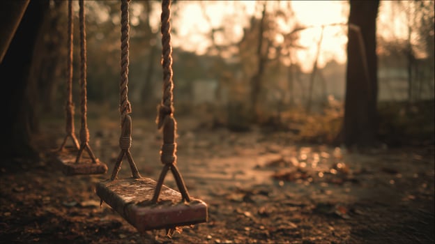 Empty rope swing in a sad autumn forest at sunset, a lonely and quiet scene. photo