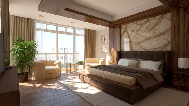 Modern bedroom interior with comfortable furnishings and light photo