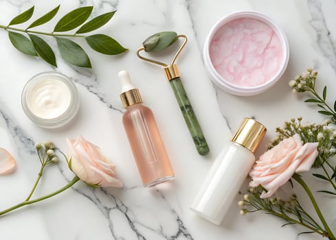 cream on a marble surface. Elegant flat lay of premium skincare products on marble background. Glass bottles with serums photo