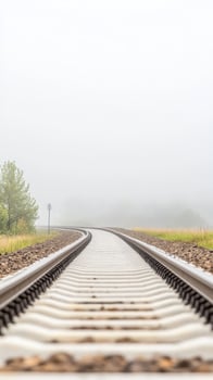 A captivating view of train tracks disappearing into a dense, atmospheric fog, evoking a sense of mystery, journey, and the vast, unknown path ahead. photo