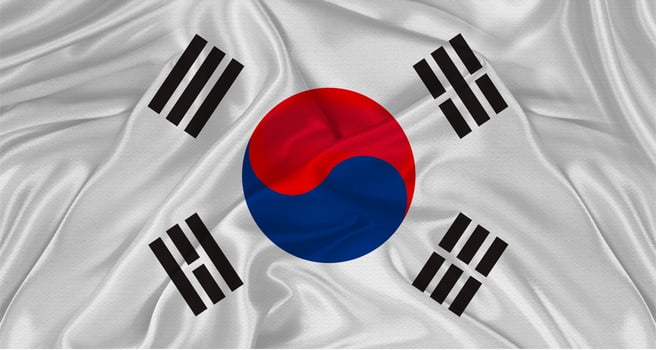 Flag of South Korea with cloth texture. Close up of South Korea flag waving photo