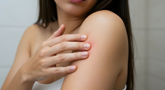 Close-up of woman pressing a red boil on her shoulder, perfect for dermatology resources, acne awareness, or skin care blogs. photo