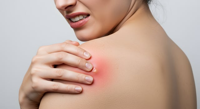 Woman attempts to squeeze a painful boil on her shoulder, ideal for skincare, medical articles, or skin treatment educational visuals. photo