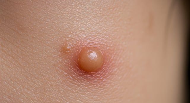Close-up of a red, irritated pimple on a woman cheek, perfect for illustrating acne issues in skincare or beauty content. photo