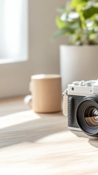 Vintage-style camera on a sunlit wooden desk, capturing the essence of a tranquil morning hobby. Perfect for creative lifestyle and photography enthusiasts. photo