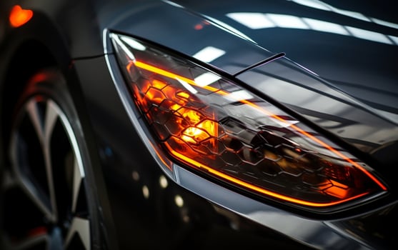 Elegant curves and sophisticated design of a sleek black car with striking orange headlights captured in a modern indoor environment during golden hour photo