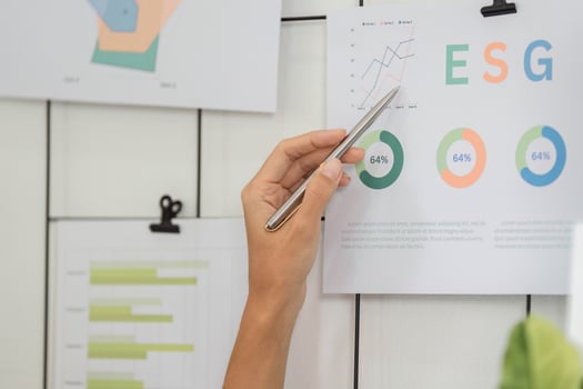 ESG analysis featuring hand pointing at sustainable metrics on wall photo