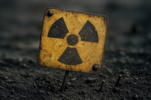 Rusted Radiation Warning Sign in Abandoned Area with Dark Atmosphere Surrounded by Dirt and Debris Highlighting Environmental Hazards and Potential Dangers of Nuclear Contamination photo