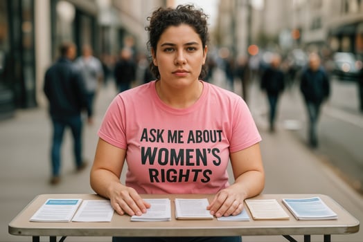Advocating Women's Rights Woman at Outdoor Table Spreading Awareness in Urban Setting photo