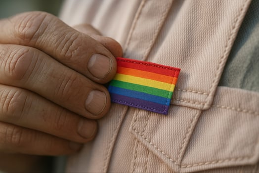 Hand Holding Small Rainbow Flag Badge Symbolizing LGBT Pride and Support with Close-Up View of Fingers Pressing the Pin onto a Beige Fabric Garment in Bright Natural Light photo