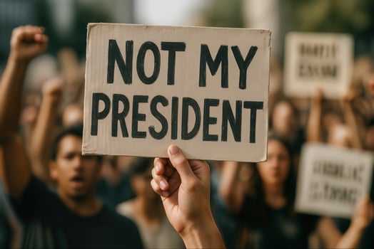 Protest Placard with Not My President Message Held in Crowd Showing Political Activism and Demonstration Signs in Urban Setting Highlighting Social Justice and Civil Rights Movement photo