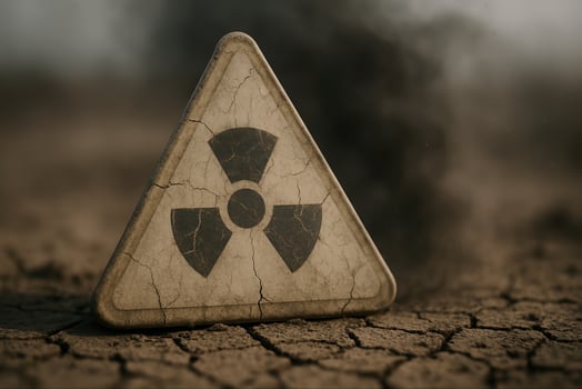 Radiation Warning Triangle Sign on Cracked Earth Surface with Dust Cloud in Background Reflecting Environmental Hazards and Radioactive Danger for Industrial and Safety Conceptual Imagery photo