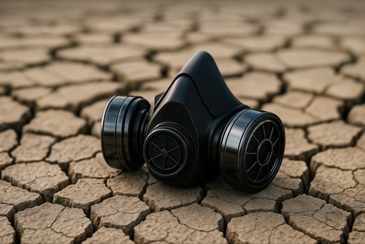Respirator on Cracked Earth Highlighting Environmental Issues and Climate Change Concerns with a Focus on Pollution and Global Warming Implications photo