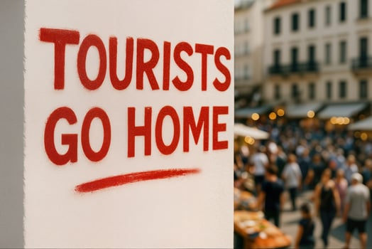 Urban Protest Concept With Tourists Go Home Graffiti Against Cityscape Background Highlighting Tension Between Locals And Travelers During Peak Travel Seasons In Popular Destinations photo