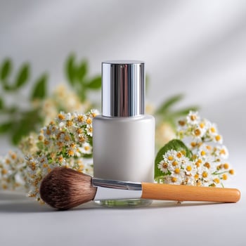Cosmetic bottle and brush with flowers on white background photo