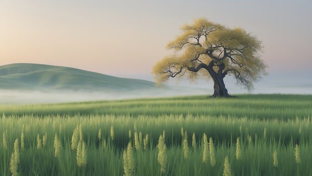 Standing Tree in Field with Rolling Hills and Fog at Dawn photo