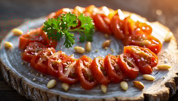 Tomato Slices with Parsley and Pine Nuts on a Wooden Board photo