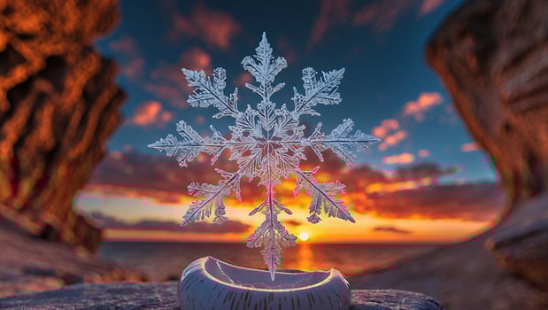Snowflake Ornament Sparkling Against a Stunning Sunset Beach Backdrop photo