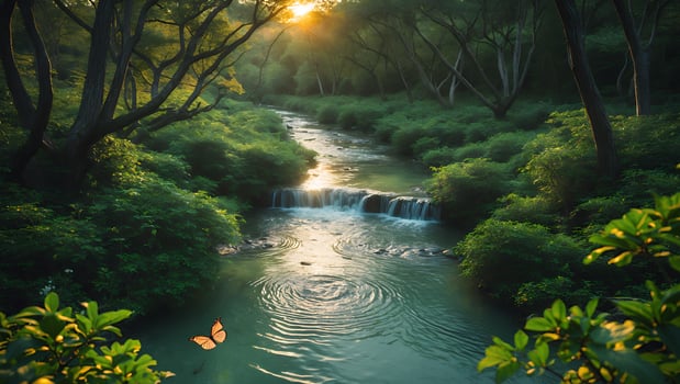 Flowing River in Forest with a Butterfly and Golden Sunlight photo
