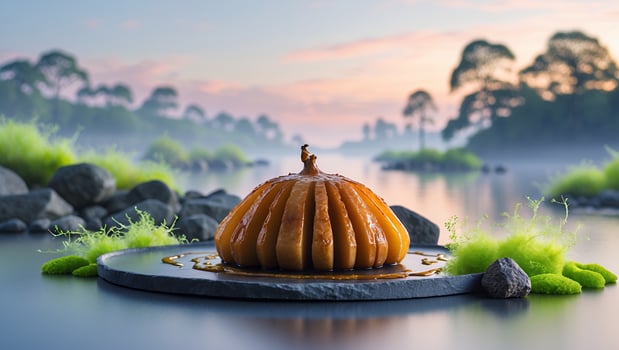 Caramelized Fruit Dessert on Plate with Landscape Background Image photo