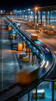 Engaging nighttime timelapse of a logistics facility demonstrating the rapid movement of pallets on advanced sorter belts capturing the organized chaos and vibrant energy of distributio photo