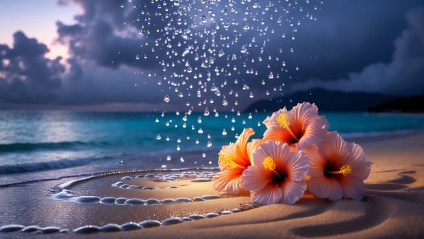 Hibiscus Blooms on Beach Sand with Gentle Waves and Water Droplets photo