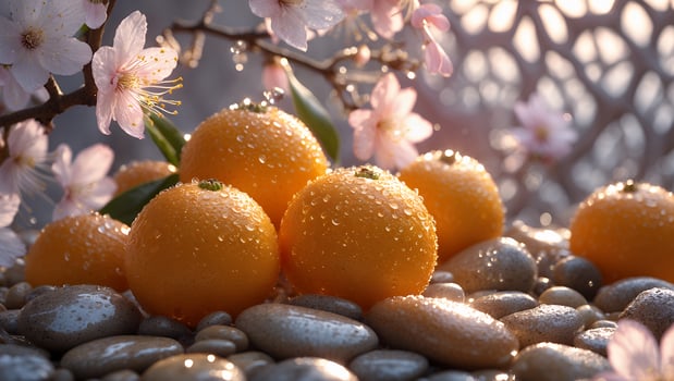Tangerines on Pebbles with Water Droplets and Cherry Blossom Branches photo
