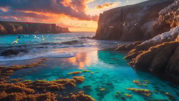 Coastal Cliffs Landscape with Flying Birds and Turquoise Water Reflection photo