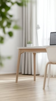 A serene and modern minimalist home office workspace bathed in natural light, featuring a sleek wooden desk, laptop, and a small potted plant, ideal for focused work. photo