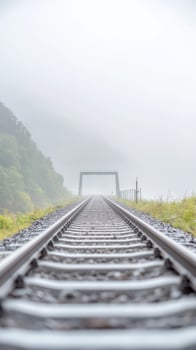 Enigmatic Railway Tracks Disappearing into Dense Fog, Leading to a Mysterious Bridge. A Serene Landscape Journey on a Misty Overcast Day. photo