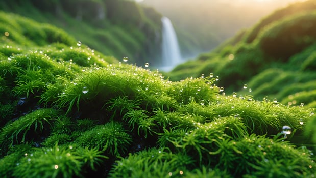 Green Moss with Water Droplets and Waterfall in Background Scenery photo